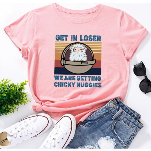 Womens Graphic Tees Cotton Short Sleeve Crew Neck T Shirt Tops Female Summer Casual Clothes Get In Loser Sheep