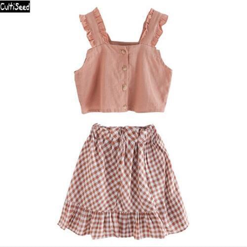 Girl Summer Dress Set 2020 New Fashion Big Children Girls Vest Top+Plaid Dress 2pc Dress Set Kids Vintage Cute Dress Set Suits