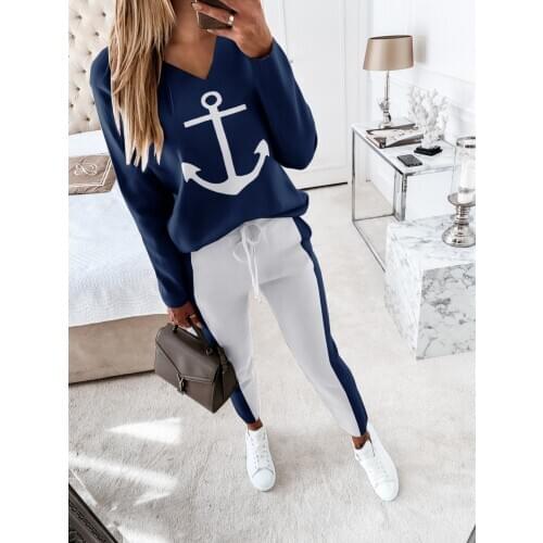 2021 Boat Anchor Print Ladies Lounge Womens Pants Long Sleeve Jogging Woman Two Pieces Clothing Coutoure Tracksuits Sports Suit