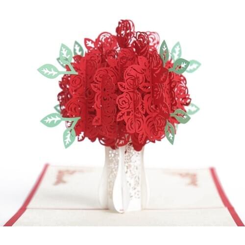 Red Rose Bouquet 3D Pop Up Greeting Card for All Occasions Date Night, Wedding Gift Folds Flat