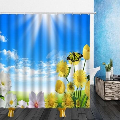 Bestselling 3D Spring Flowers Shower Curtain Set Hook Natural Scenery Flower Bird Butterfly Home Decoration Bathroom Curtains
