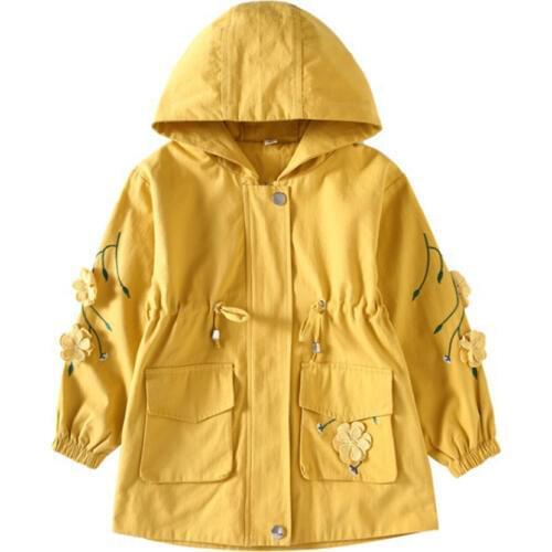 Girl autumn fashion trench coat Girl hooded embroidery flower pattern trench coat Girl embroidered trench coat Girl jacket