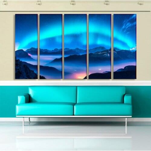 Modular Aurora Scenery Canvas Painting Home Decor 5 Pcs Prints Misty Mountain Poster Living Room Modern Frame Wall Art Pictures