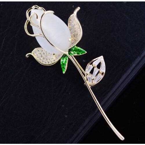 OKILY Elegant Opal Rose Brooch Temperament Pin Valentines Day Gift Fashion Floral Flower Dress Jewelry Accessories