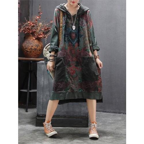 Autumn Winter Dress Retro Women Large size Loose Casual Dress 2019 New Ladies Hooded Drawstring Print pocket All-match Dress
