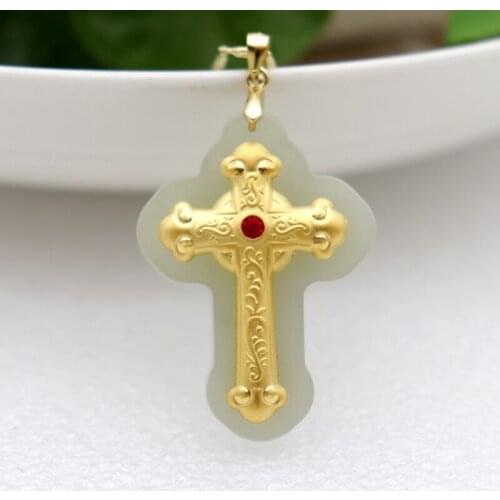 New Natural Nephrite Necklace Catholic Supplies Gold Inlaid Jade HeTian Yu Jesus Christian Lucky Cross Pendant 37mmX26mmX8mm