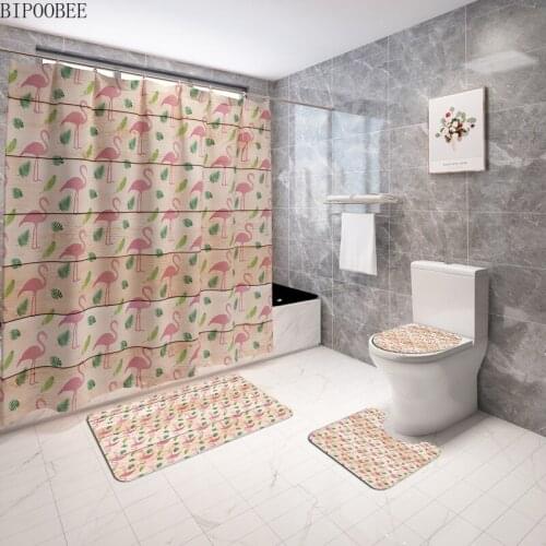 Wood Grain Printing Shower Curtains Crowned Crane Anti-slip Carpet Toilet Lid Cover Rug Bath Mat Set Bathroom Curtain with Hooks
