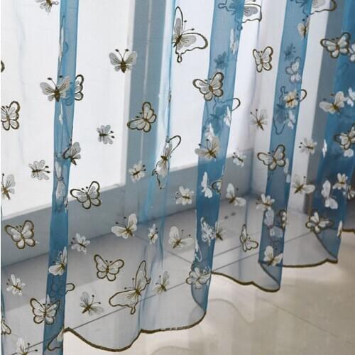 Butterfly Embroidered Sheer Curtain for Living Room Red Blue Organza Soft Fabric Romantic Wave Lace Bottom Drapes wp270B