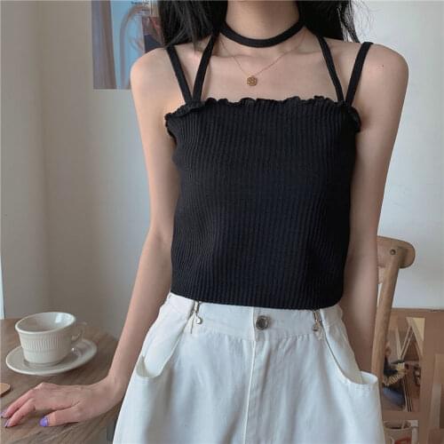 Tanks Women Top Summer Casual Camis Crop Top Halter Spaghetti Camisole Strap Sleeveless Ribbed Sexy Womens Female Mini Clothes