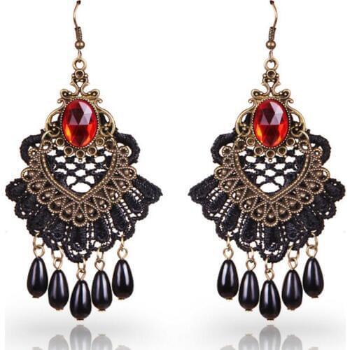 Vintage Gothic Crystals and Pearls Drops Fan Shape Lace Eearring for Women