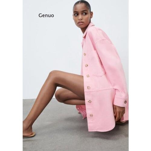 Pink Wometailored Coat Blusas Blouses Denim Jacket Pockets Autumn Simple Long Sleeved Shirt Single Breasted Mid-Length Jacket