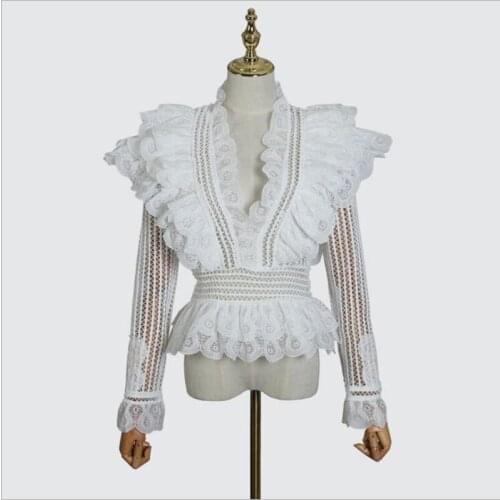 Spring New Long Sleeve Shirts For Women Hollow Out Crochet Ruffles V-Neck Lace Tops Vintage Casual Streetwear