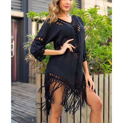 New Knitted Beach Cover Up Women hand crochet Hollow Out Backless Beach Dress Tassel Tunics Bathing Suits Cover-up beachwear