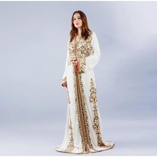 White Sexy V-Neck Moroccan Caftan Evening Dress With Applique Muslim Special Occasion Prom Dress Plus Size Dubai Prom Robe