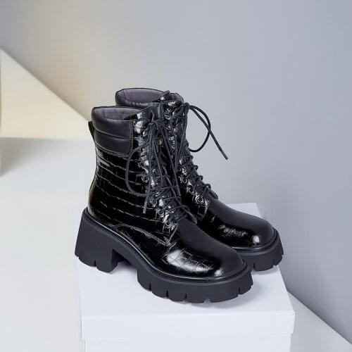 MEZEREON Platform Martin Boots Genuine Leather Winter Shoes Warm Plush Inside Cross-Tied Thick Heel Wine Red Black Botas