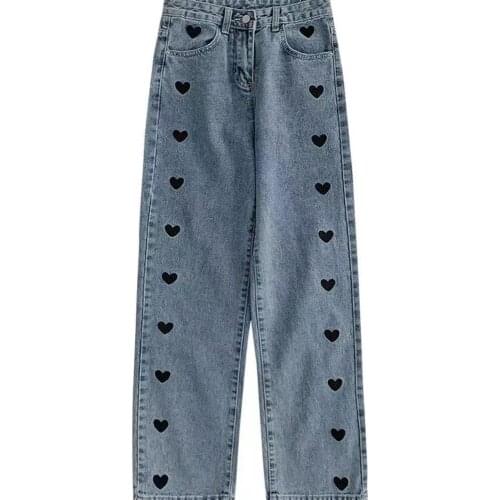 Womens jeans 2021 spring and autumn new Korean love embroidery casual straight trousers high waist slim jeans women loose