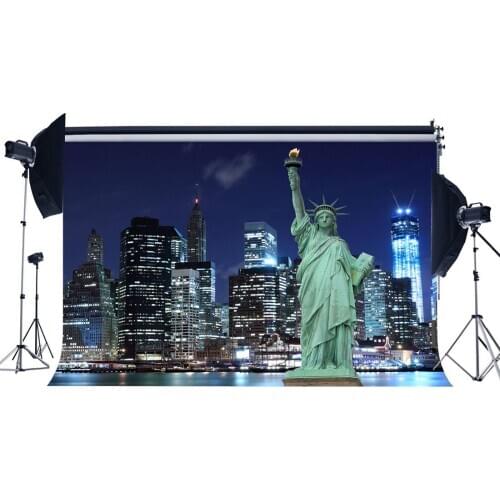 Statue of Liberty Backdrop New York City Night View Backdrops River Bokeh Shining Lights Skyscraper Photography Background