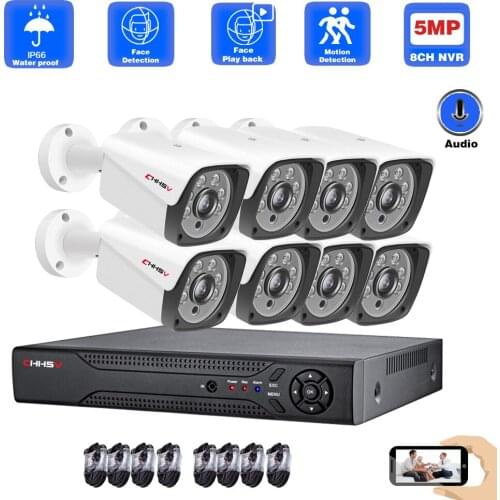 CHHSV Audio H.265 8CH 5MP AI POE IP Camera Face Detection Outdoor Waterproof Home Security Video Surveillance Set