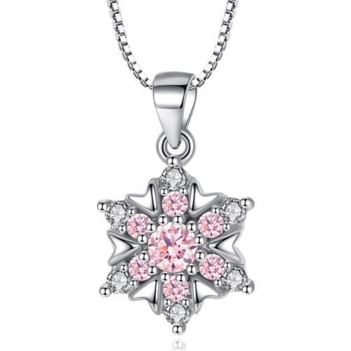 KOFSAC Luxury Pink Crystal Shiny CZ Flower Pendant Necklace Charm 925 Silver Necklaces For Women Christmas Party Jewelry Gifts