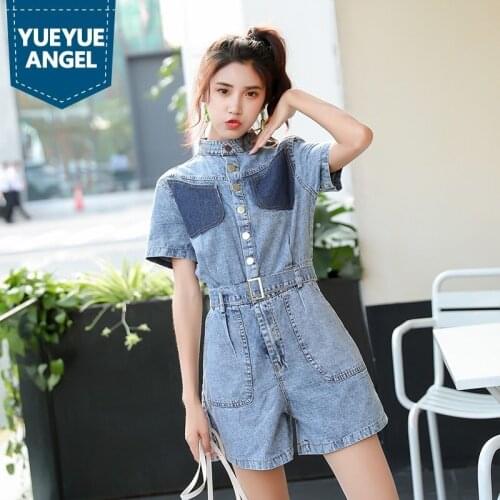 Casual Denim Rompers Womens Jumpsuit Summer Loose Fit Wide Leg Short Pants Fashion High Waist Female Jumpsuit Short