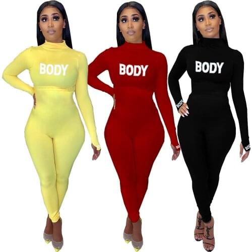 Fitness Solid Letter Print Bodycon Rompers Womens Jumpsuit Sexy Turtleneck Long Sleeve Leggings Body Jumpsuit Women Clothing