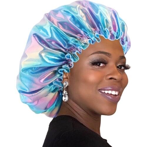 Colorful Laser Silky Bonnet Unisex Elastic Band Adjustable Night Sleep Cap Long Hair Headcover Soft Hat Hair Care Cap