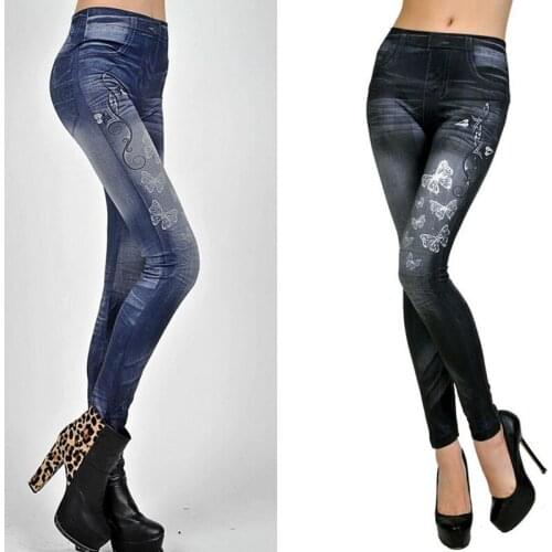 2 colors 2021 hot selling womens leggings blue and black girls slim Legging Imitation jeans design Butterfly Print 6B