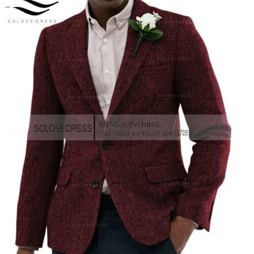 Mens Suit 2 Pieces Slim Fit Prom Tuxedos Wool Herringbone Wedding Groomsmen Fashion Shawl Lapel Blazer Pants set