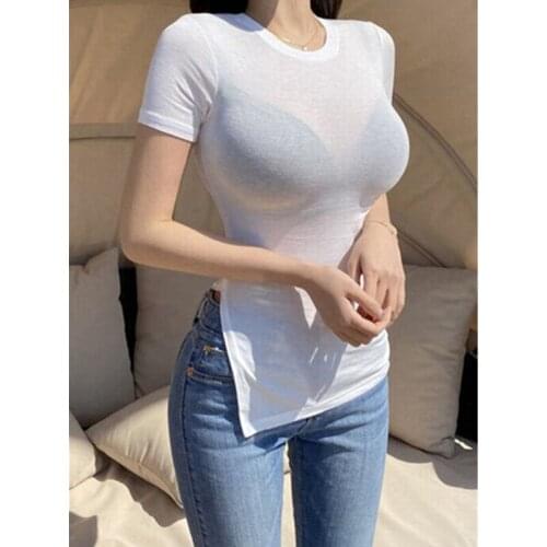 Womens New Short-Sleeved Slim Stretch T-Shirt 2021 Sexy Casual Street Tight-Fitting Micro-Transparent Thin Irregular Split Top
