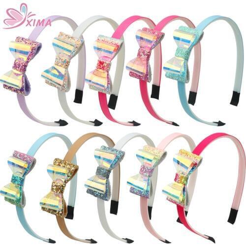 XIMA 10pcs/lot Glitter Bows Headband Plastic Hair Hoop PVC Double Bows Hairbands for Kids Children Hair Accessories