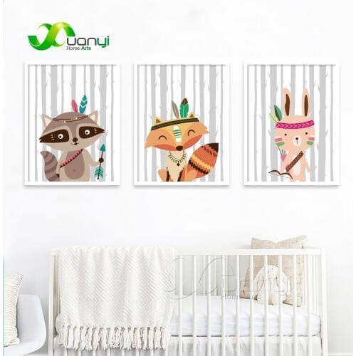 Tribe Woodland Animal Bear Fox Wall Art Canvas Nordic Poster Nursery Prints Cartoon Painting Picture Baby Bedroom Decoration