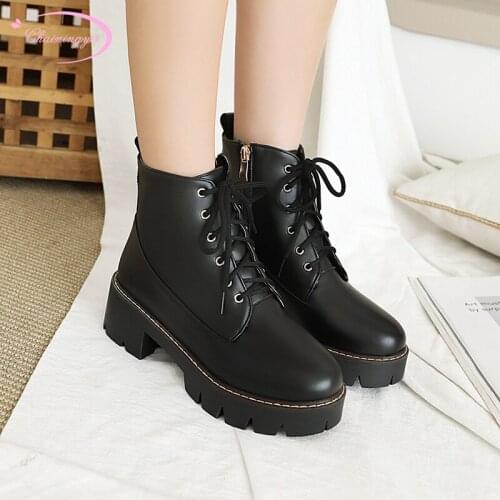 Casual style comfortable round toe ankle boots lace-up zipper platform black medium with chunky motorcycle boots womens shoes
