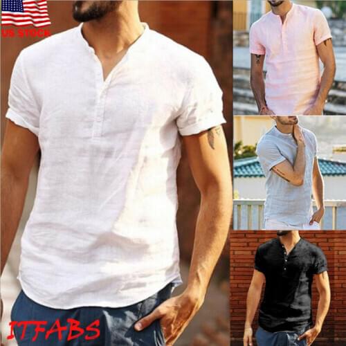 Luxury Mens Short Sleeve Loose V-neck Linen T-shirt Dress Shirt Blouse Tops Tee