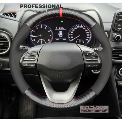 DIY Hand Stitching PU Carbon Fiber Black Suede Car Steering Wheel Cover for Hyundai Kona 2018 2019