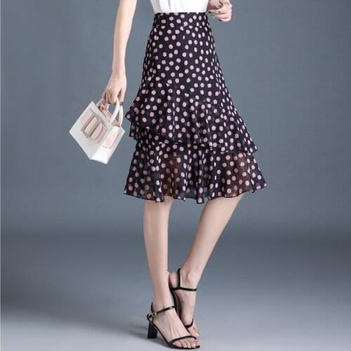 Chiffon Floral Splice Ruffles Fishtail Skirt for Women Summer Plus Size High Waisted Slim Casual Knee-length Bodycon Skirts R955