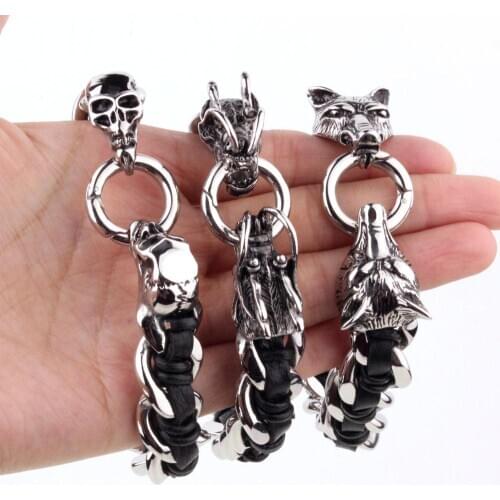 Heavy Mens Boys Biker Jewelry Stainless Steel Black Genuine Leather Wolf Skull Head Bracelet Men Mens Bracelets Bangles