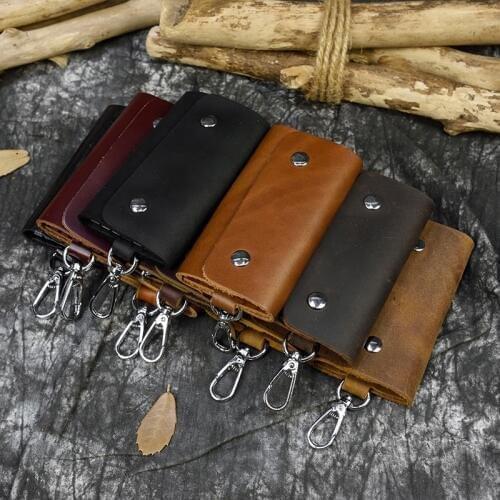 Vintage Crazy Horse Genuine Leather Keychain Men Women Key Holder Cow Split Car Key Bag Wallet Housekeeper Keyring Case wallets