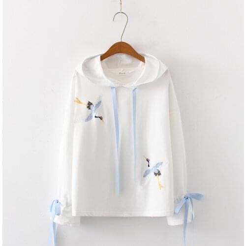 Japanese Soft Girl Sweatshirt Spring and Autumn New Harajuku Style Embroidered Fairy Crane Hooded Long-sleeved Sweatshirt Women