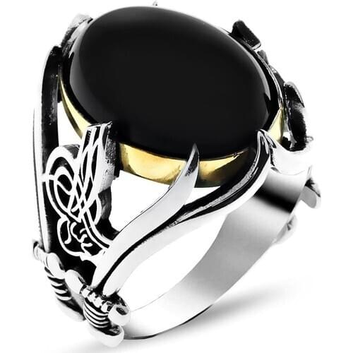 Jewelry Shop Zulfiqar and Monogram Onyx Stone Silver Male Ring msr387