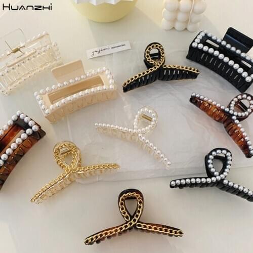 HUANZHI 2020 New Vintage Exaggeration Geometric Square Pearl Hollow Transparent Chain Large Bath Clip for Women Hair Accessories