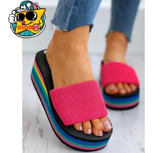 Hot Sale 2020 Womans Summer Mid Heel Slippers Outdoor Beach Shoes Platform Sandals Fashion Multicolor Plus Size 40
