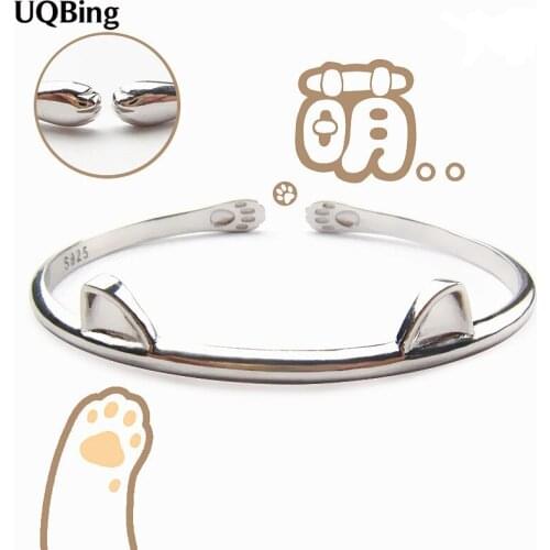 Fashion 925 Sterling Silver Lovely Cute Cat Cuff Bangles Animal Women Wrist Jewelry