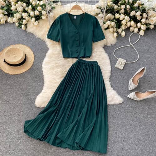 Short Sleeve Single Breasted Top And Pleated Skirt Fashion Women Office Lady Suit New 2021 Summer Female Solid Two Piece Set