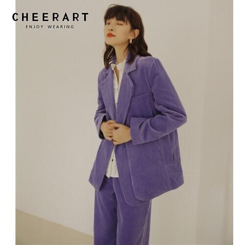 CHEERART Corduroy Womens Suits Blazer With Pants Purple 2 Piece Sets Fall Outfits 2020 Suit Top And Pants Korean Fashion