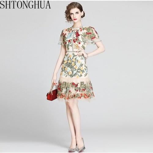 Fashion Designer Runway dress 2020 Summer Women O-Neck Flare Sleeve Floral Mesh Embroidery Hollow Out Slim Elegant Party Dresse