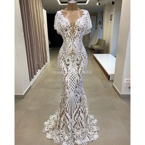 Vintage White Elegant Mermaid Evening Dress Floor-Length Prom Dress Lace Robe De Soiree Aibye Middle East Saudi Arabia Dubai