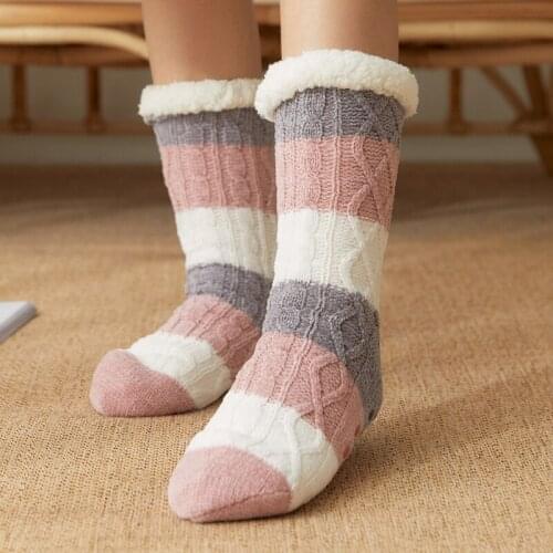 Soft Coral Fleece Female Striped Comfy Floor Sock Fuzzy Socks Women Warm Plush Bedroom Silicone Non-slip Womens Slippers Sock