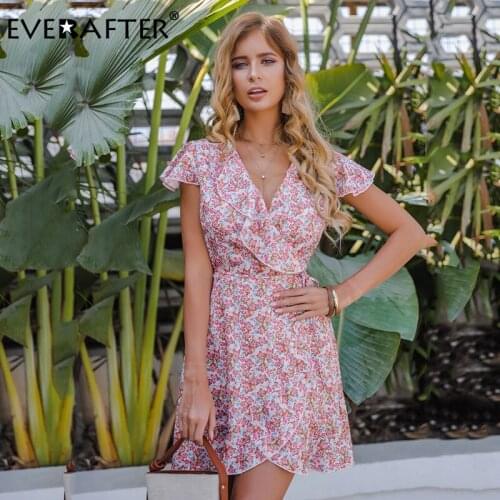EVERAFTER Sexy v-neck ruffles women dress summer elasticity lace up high waist slim floral print casual holiday beach mini dress