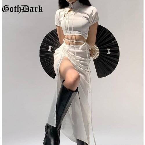 Goth Dark Y2k Gothic White Womens Summer Suits Bandage Slit Hem Sexy High Waist Midi Skirts Short Sleeve Patchwork Crop TShirts