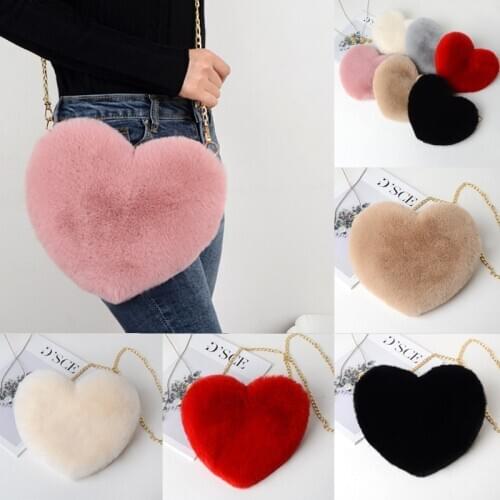 New Fashion Womens Heart Shaped Faux Fur Crossbody Wallet Purse Chain Shoulder Bag Lady Handbag